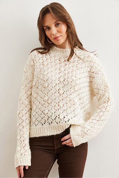 Olalook Women's Ecru Openwork Pompom Soft Textured Knitwear Sweater Kzk- 19000935