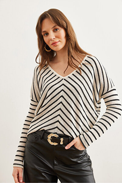 Olalook Kadın Beyaz V Yaka Verev Çizgili Merserize Triko Bluz BLZ-19002809