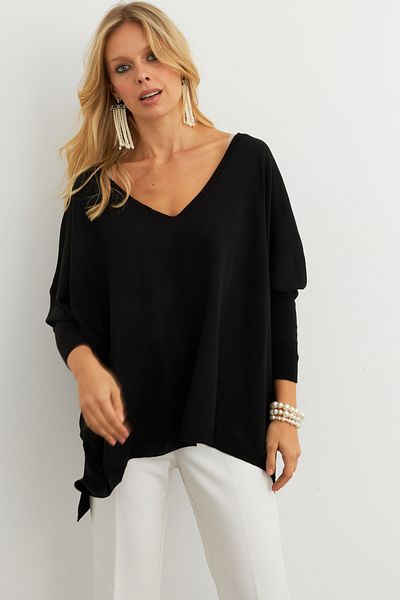 Cool & Sexy Schwarze lockere Damenbluse mit V-Ausschnitt YV304