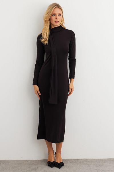 Cool & Sexy Schwarzes Midi-Damenkleid mit Schal-Detail EY3010