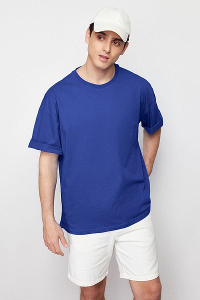 Trendyol Collection Blaues Oversize-T-Shirt aus 100 % Baumwolle, 3/4 dick, Basic-Mode