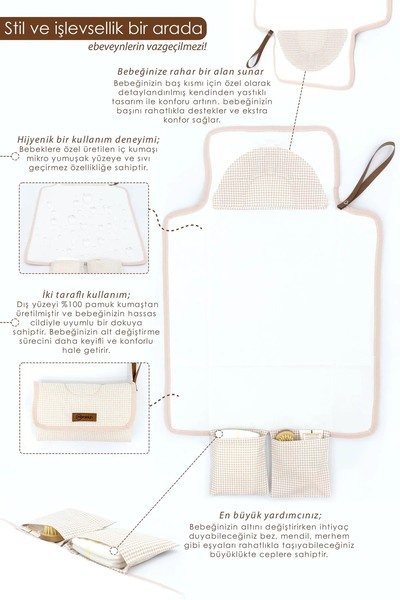 mordesign Bebek Çanta Alt Açma Minderi, Alt Değiştirme Pedi, Taşınabilir Bakım Çantası, Clutch Seri,kahverengi