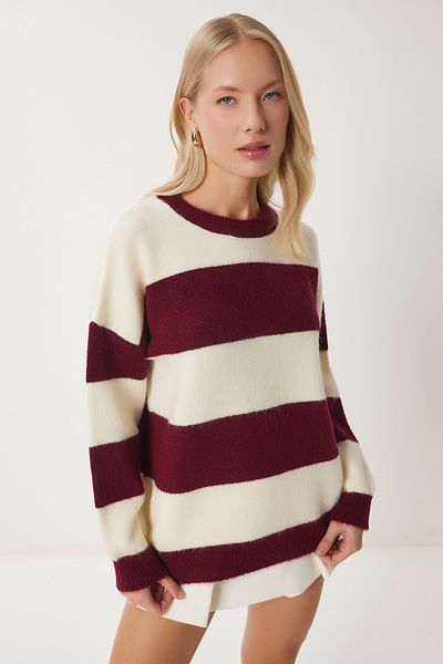 Happiness İstanbul Weicher Strickpullover für Damen in Burgunderrot mit Knochenstreifen PF00110