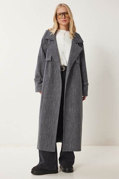 Happiness İstanbul Anthrazitfarbener Premium-Oversize-Kaschmirmantel für Damen FN03420
