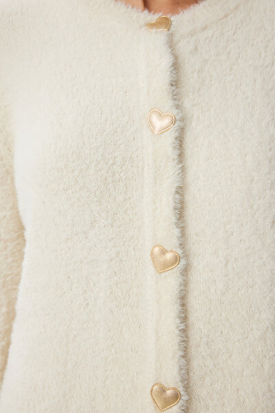 Happiness İstanbul Women's Bone Stylish Heart Buttoned Bearded Soft Knitwear Cardigan Cr00442