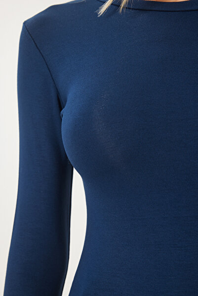 Happiness İstanbul Marineblaue Strickbluse mit Rundhalsausschnitt und Fingern – 2er-Pack CR00440