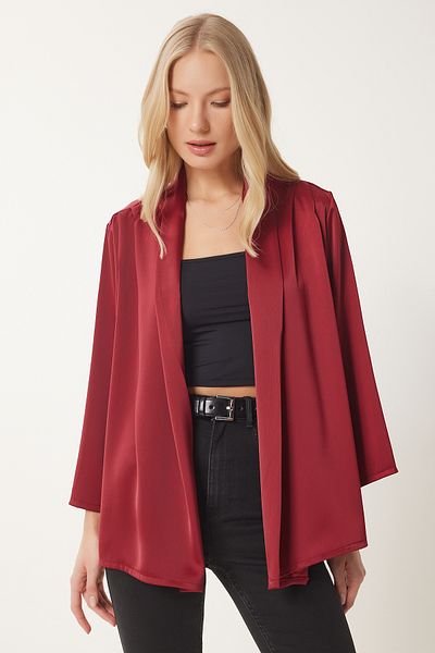 Happiness İstanbul Burgunderrote Damenjacke mit Schalkragen und stilvoller Satinoberfläche MC00291