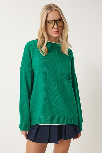 Happiness İstanbul Grüner Basic-Strickpullover mit Taschendetail für Damen MX00125