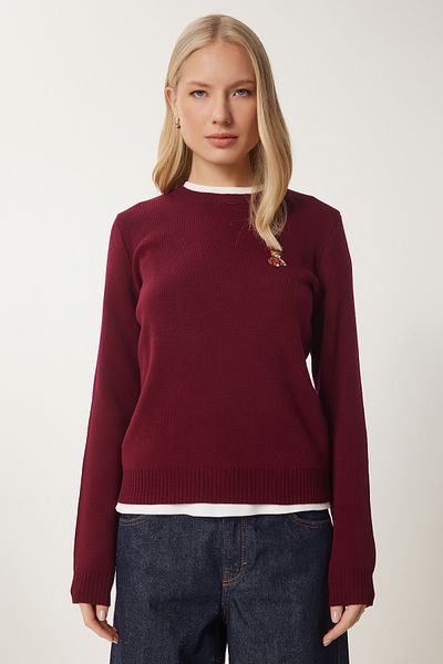 Happiness İstanbul Pulover de damă din tricotaje brodate cu ursuleț burgundy DP00230