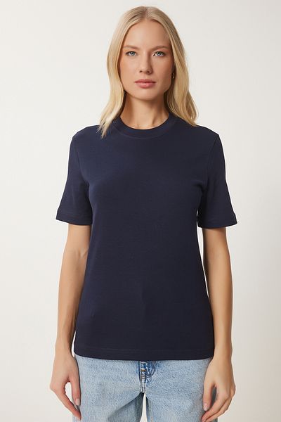 Happiness İstanbul Women's Navy Blue Cotton Basic Knitted T-Shirt Ag00001
