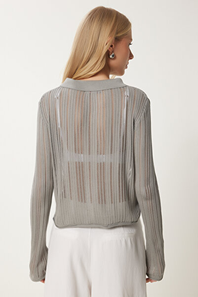 Happiness İstanbul Women's Gray Lightweight Transparent Polo Collar Summer Knitwear Cardigan MT00151