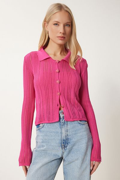 Happiness İstanbul Women's Pink Lightweight Transparent Polo Collar Summer Knitwear Cardigan MT00151