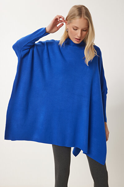 Happiness İstanbul Női kék oldalsó hasított nagyméretű poncsó pulóver YY00005