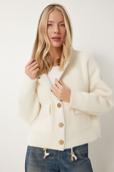 Happiness İstanbul Weiche, strukturierte Strickjacke mit Knochenkapuze für Damen PF00109