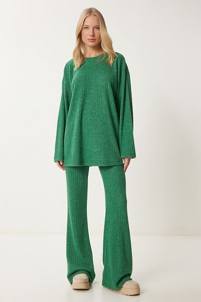 Happiness İstanbul Grünes, lässiges, geripptes Strickblusen-Hosen-Set für Damen RG00047