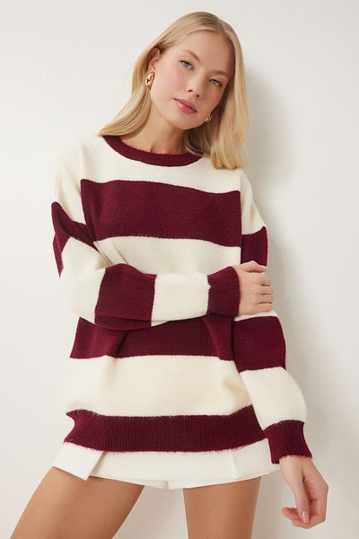 Happiness İstanbul Weicher Strickpullover für Damen in Burgunderrot mit Knochenstreifen PF00110