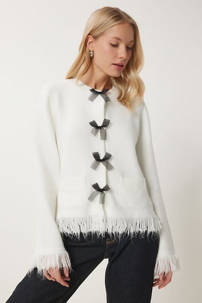 Happiness İstanbul Stilvolle Strickjacke mit Knochenschleife und Quasten für Damen US00952