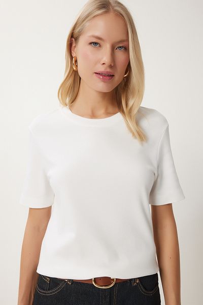 Happiness İstanbul Weißes Basic-Strick-T-Shirt für Damen aus Baumwolle AG00001