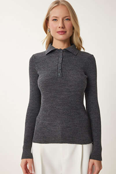 Happiness İstanbul Women's Anthracite Polo Neck Ribbed Knitwear Sweater Us00954