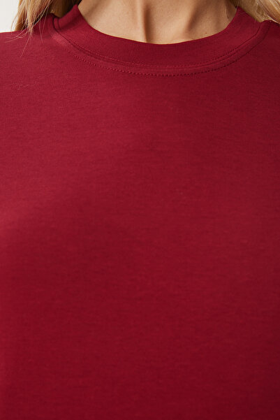 Happiness İstanbul Women's Burgundy White 2-Pack Cotton Basic Knitted T-Shirt Ag00002
