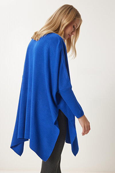 Happiness İstanbul Női kék oldalsó hasított nagyméretű poncsó pulóver YY00005