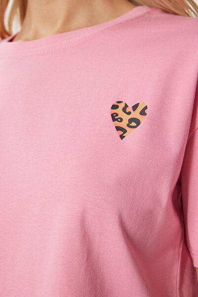 Happiness İstanbul Women's Pink Heart Printed Cotton Short Knitted T-Shirt An00224