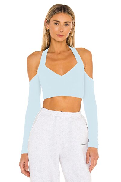 By Kul Design Γυναικείο Crop Top από μπλε μεταξωτό ζέρσεϊ - Με λουράκια που δένουν το λαιμό