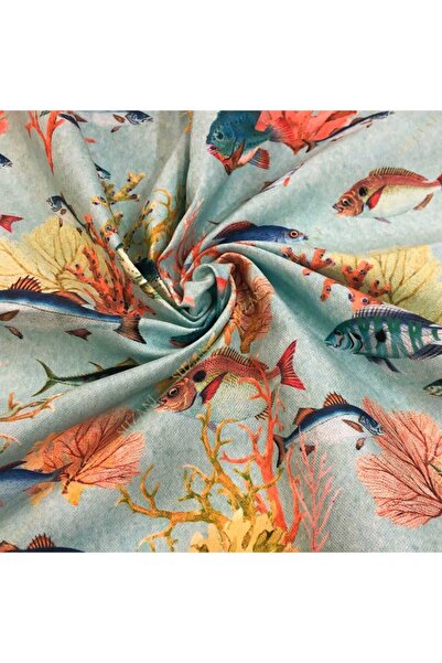 SUZANİ Mavi Zemin Balık Desenli Dijital Baskılı Kumaş Kms-1311