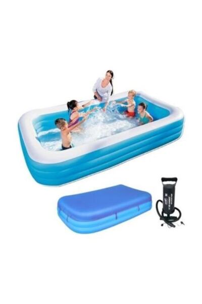 BESTWAY Dikdörtgen Şişme Çocuk Havuzu 54006 + Pompa + Havuz Örtüsü