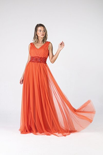 ALİS DRESS Beli Aplik Işlemeli Oranj Tül Abiye