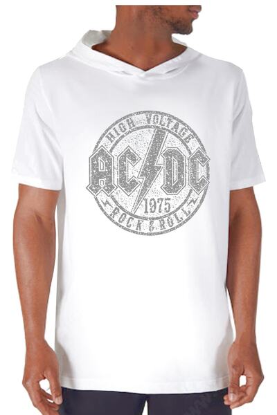 ROCKANDROLL Tricou cu mânecă scurtă cu glugă Acdc pentru bărbați, alb plat