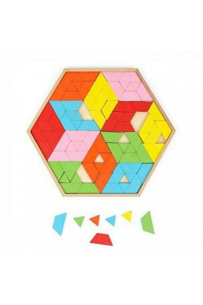 Wooden Toys Wooden Educational 96 Piece Tangram Puzzle Game with Hexagonal Tray Hm1720