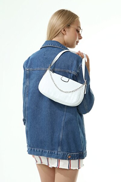 Güce White Croco Patterned Thin Chain Baguette Baguette Bag Gc011501k