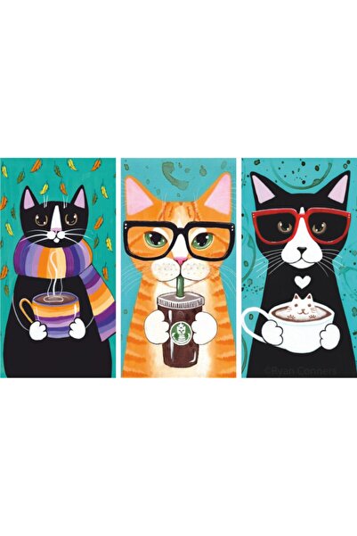 Hayat Poster 3 τεμάχια χαριτωμένες γάτες καφέ - Ξύλινη εκτύπωση UV