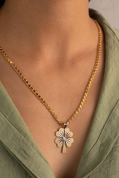 YAVUZ KUYUMCULUK Altın Pullu Zincir Yonca Kolye Kalemli