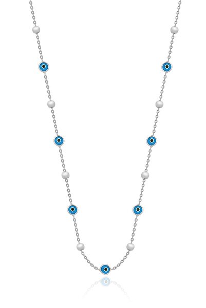 Aykat Gümüş Zincirli Nazar Boncuklu Cam Göz Rodyumlu Gümüş Kadın Kolyesi Uc-384