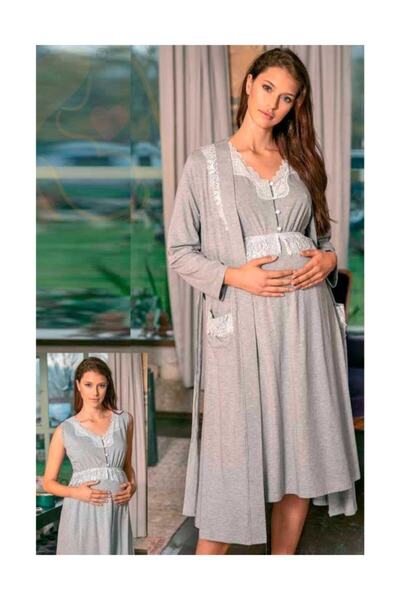 Anıl Gray Melange Maternity Nightgown Dressing Gown Set New Season