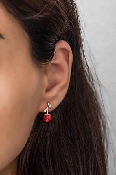 Nereze Gümüş Rose Kırmızı Gül Küpe 925 Ayar