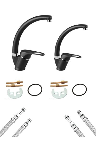 ARMİLLA ARMATÜR 2’li Set Siyah Krom Mix Kuğu Mutfak Ve Banyo Lavabo Musluğu B...