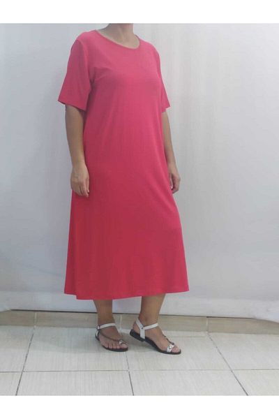 Mertcan Butik Κόκκινο κοντομάνικο χτενισμένο βαμβακερό φόρεμα βισκόζης