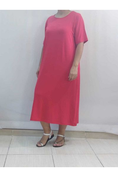 Mertcan Butik Κόκκινο κοντομάνικο χτενισμένο βαμβακερό φόρεμα βισκόζης