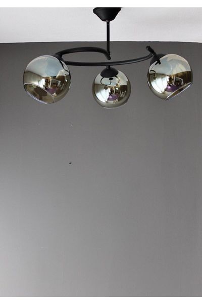 Fer Avize Mobile Black Color Body Smoked Glass Living Room - Kitchen - Bedroom 3-Piece Chandelier