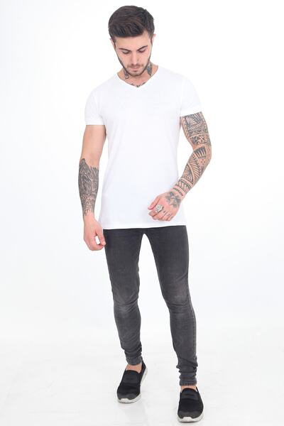 THE ONE Tricou alb pentru bărbați, cu decolteu în V, cu mânecă scurtă, slim fit