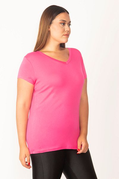 Şans Women's Plus Size Pink V-Neck Viscose Blouse 65n27681