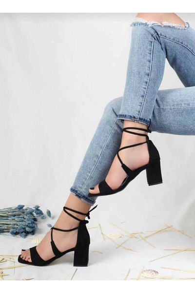 Afilli Women's Black Single Strap Ankle Lace Sandals Summer Thick Short Heel Shoes