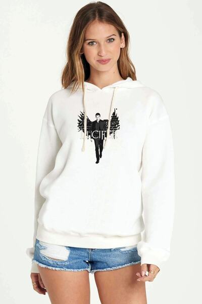 QIVI Women's White Lucifer King Of Hell Upscaled Printed Knitted Hooded Sweat...