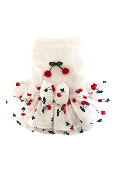 GedyCo Kiraz Desenli Beyaz Üst Kedi & Köpek Elbisesi