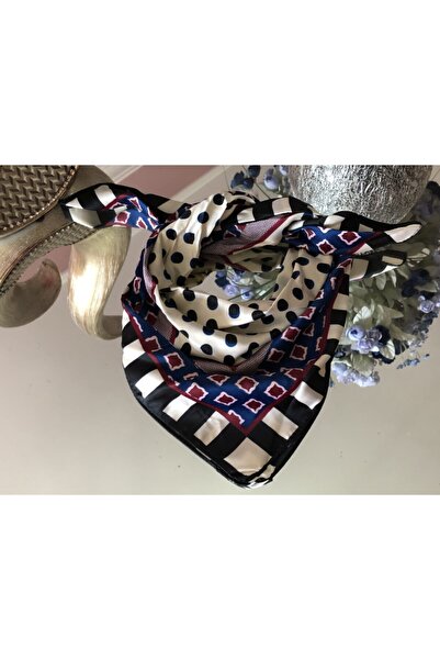 NFS BUTİK Polka Dot Film Stripe Navy Blue Burgundy Geometric Pattern Silk Satin Scarf