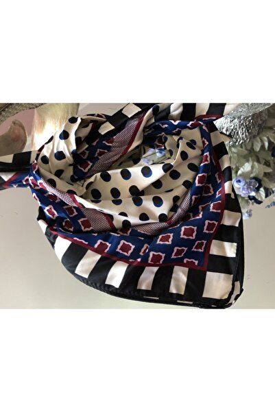 NFS BUTİK Polka Dot Film Stripe Navy Blue Burgundy Geometric Pattern Silk Satin Scarf