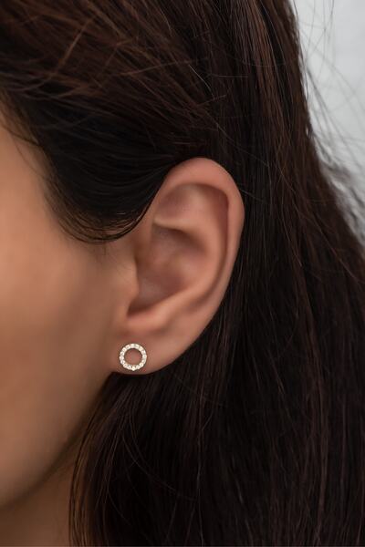 Nereze 925 Ayar Gümüş Gold Minik Yuvarlak Tasarım Küpe